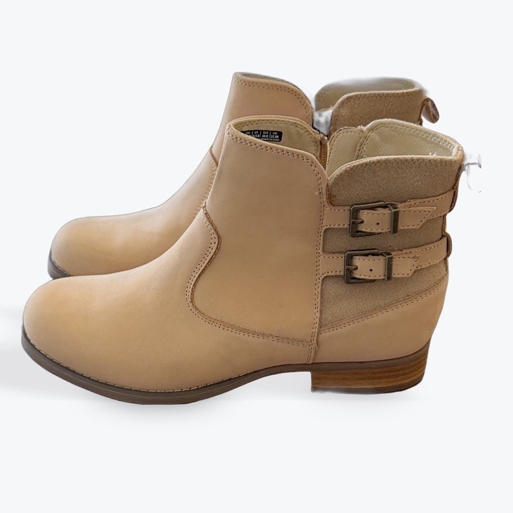 Spenco Tan Leather Ankle Boots Buckle Strap Zip Low Heel‎ Sand Womens 8.5 B